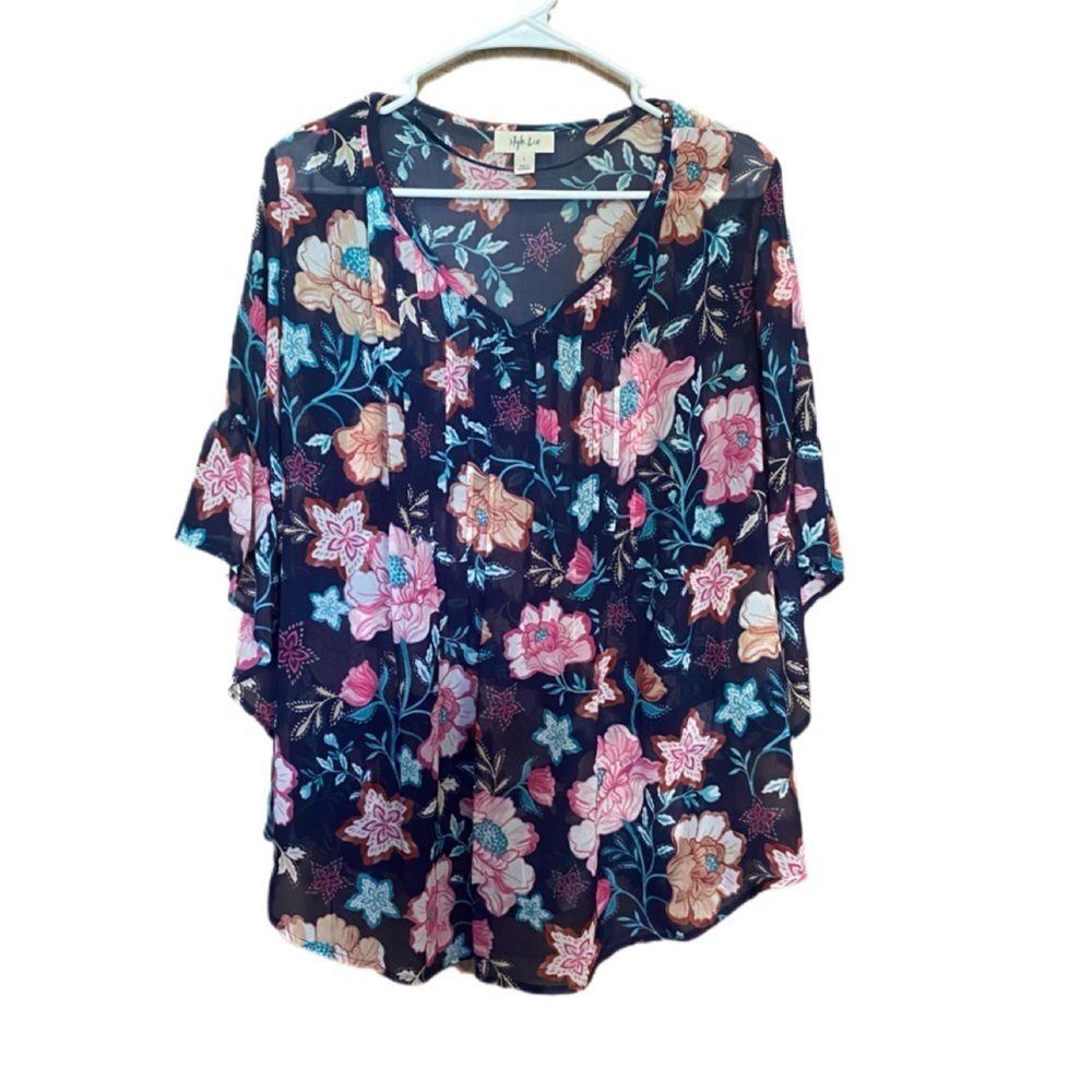 Style & Co Women’s Floral Print Spring Summer Colors Pull Over Sheer Blouse Sz L